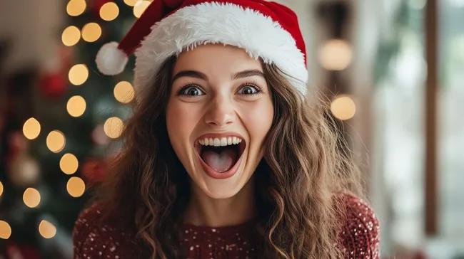 Fröhliche junge Frau in Weihnachtsmann-Mütze vor Weihnachtsbaum