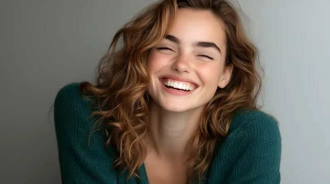 Fröhliche junge Frau mit Lockenfrisur im grünen Pullover