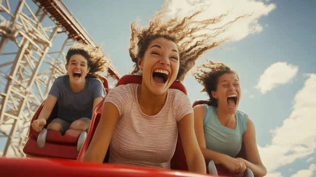 Fröhliche junge Frauen auf Achterbahn im Freizeitpark