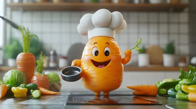 Fröhliche Karottenfigur in der Küche beim Kochen