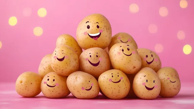Fröhliche Kartoffeln in rosa Atmosphäre