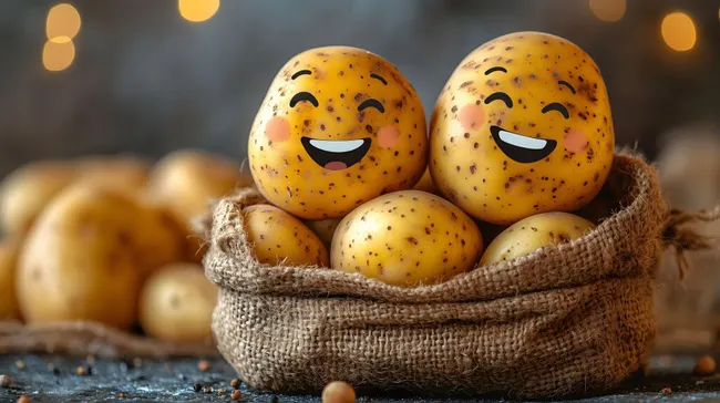 Fröhliche Kartoffeln in rustikalem Jutesack