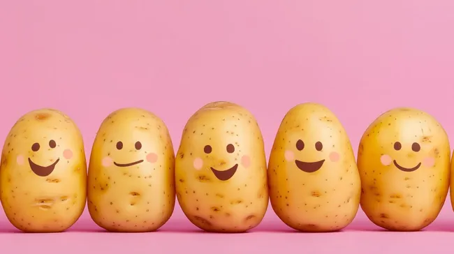 Fröhliche Kartoffeln mit Gesichtern auf rosa Hintergrund