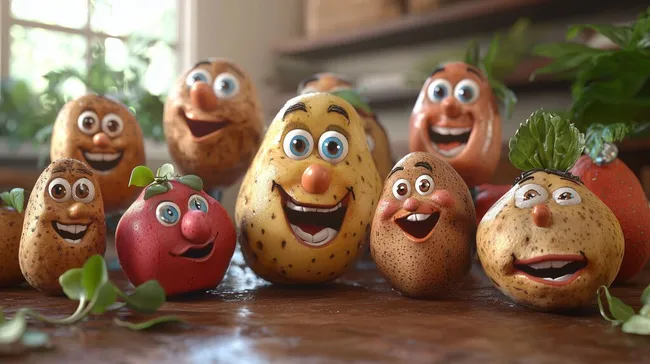 Fröhliche Kartoffeln und Gemüse mit lustigen Gesichtern
