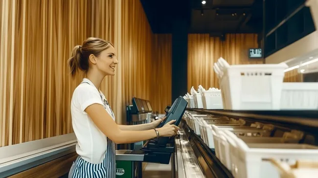 Fröhliche Kassiererin an moderner Supermarktkasse