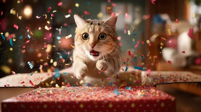 Fröhliche Katze springt aus Geschenkbox mit Konfetti