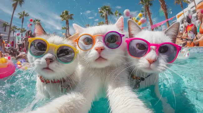 Fröhliche Katzen im Sommerurlaub am Pool