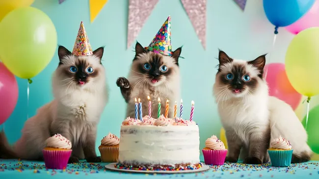 Fröhliche Katzenparty mit Torte und Luftballons
