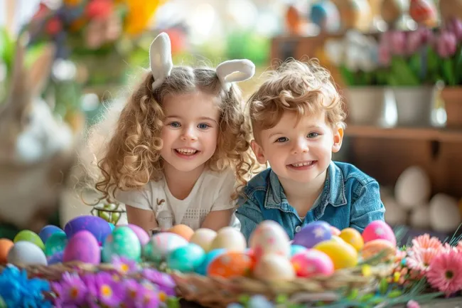 Fröhliche Kinder am Ostertisch