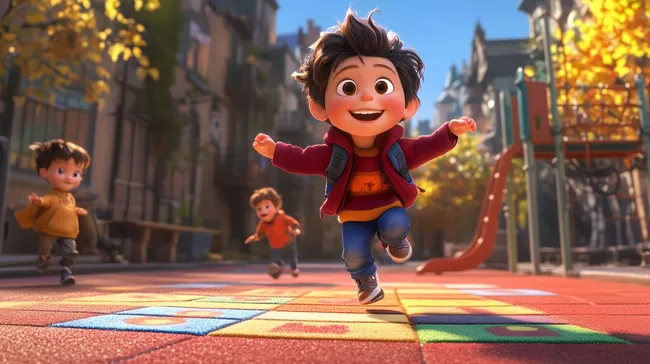 Fröhliche Kinder auf bunt gepflastertem Schulhof