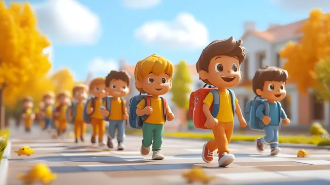 Fröhliche Kinder auf dem Schulweg im Herbst