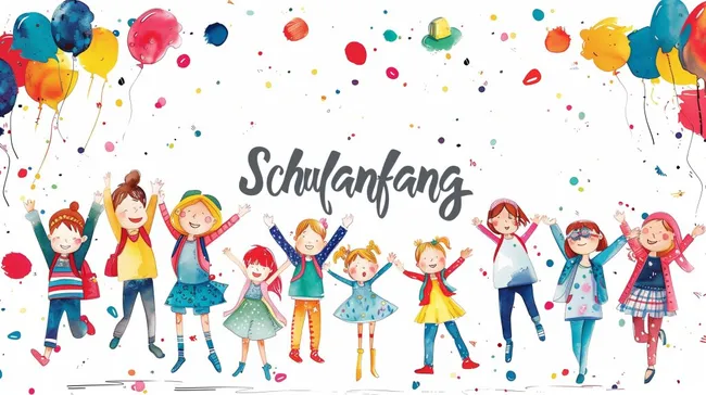 Fröhliche Kinder bei der Einschulung mit bunten Luftballons