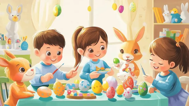 Fröhliche Kinder bemalen bunte Ostereier mit Hasenfreunden