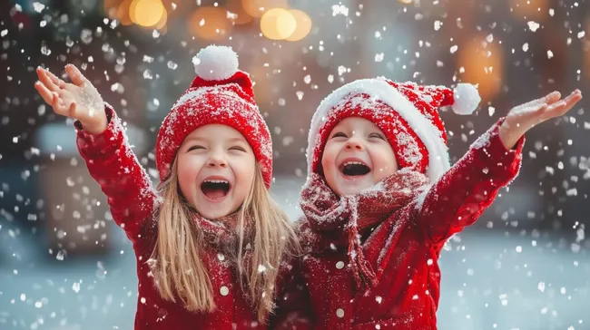 Fröhliche Kinder im winterlichen Schneefall