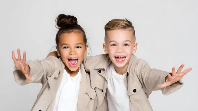 Fröhliche Kinder in beiger Winterkleidung