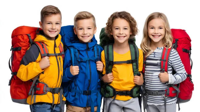 Fröhliche Kinder in bunter Outdoor-Kleidung für Abenteuer bereit