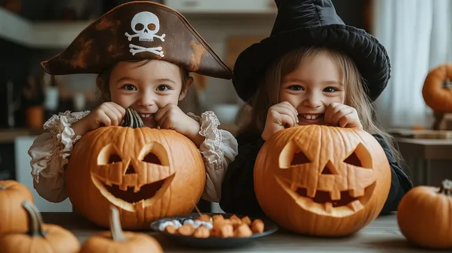 Fröhliche Kinder in Halloween-Kostümen schnitzen Kürbisse
