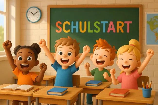 Fröhliche Kinder jubeln im Klassenraum zum Schulstart