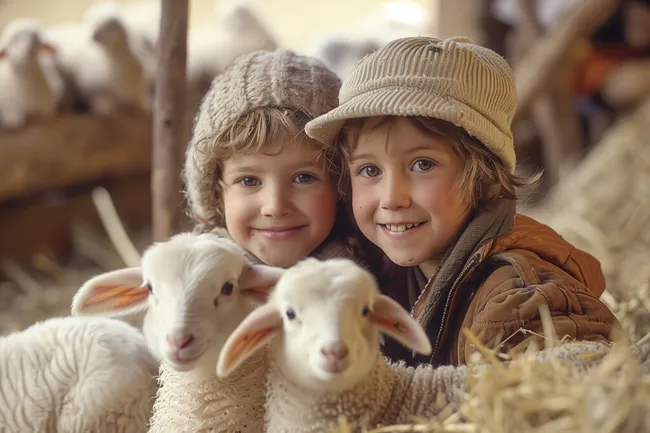Fröhliche Kinder kuscheln mit Lämmern auf dem Bauernhof