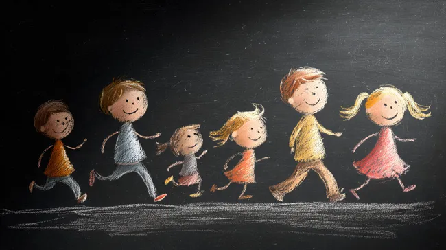 Fröhliche Kinder laufen Hand in Hand - Kreidezeichnung auf Tafel