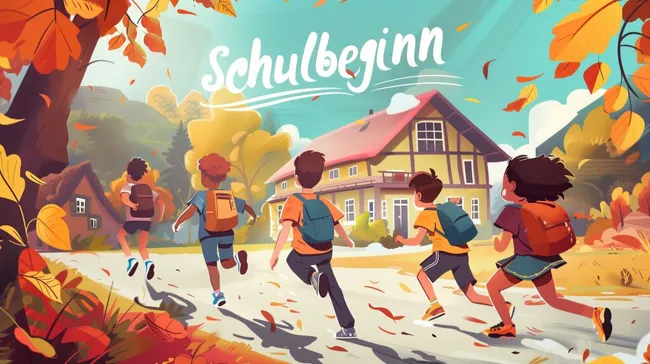 Fröhliche Kinder laufen zur Schule im Herbst