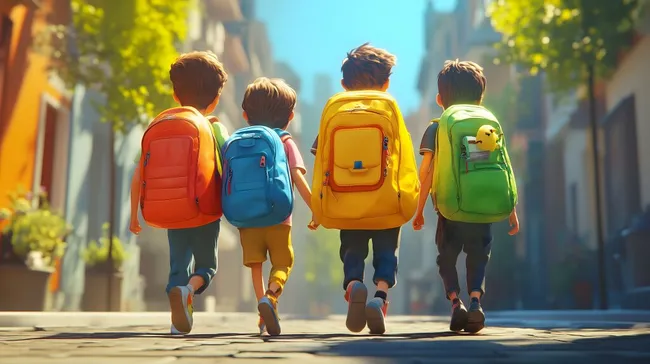 Fröhliche Kinder mit bunten Schulranzen auf dem Schulweg