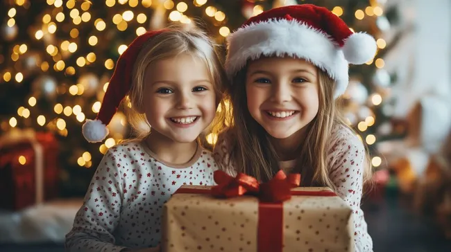 Fröhliche Kinder packen Weihnachtsgeschenke aus