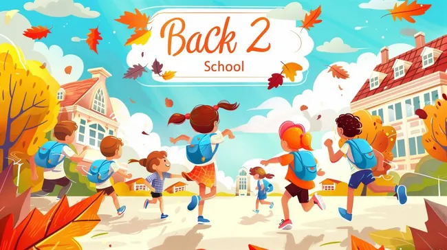 Fröhliche Kinder rennen an buntem Herbsttag zur Schule