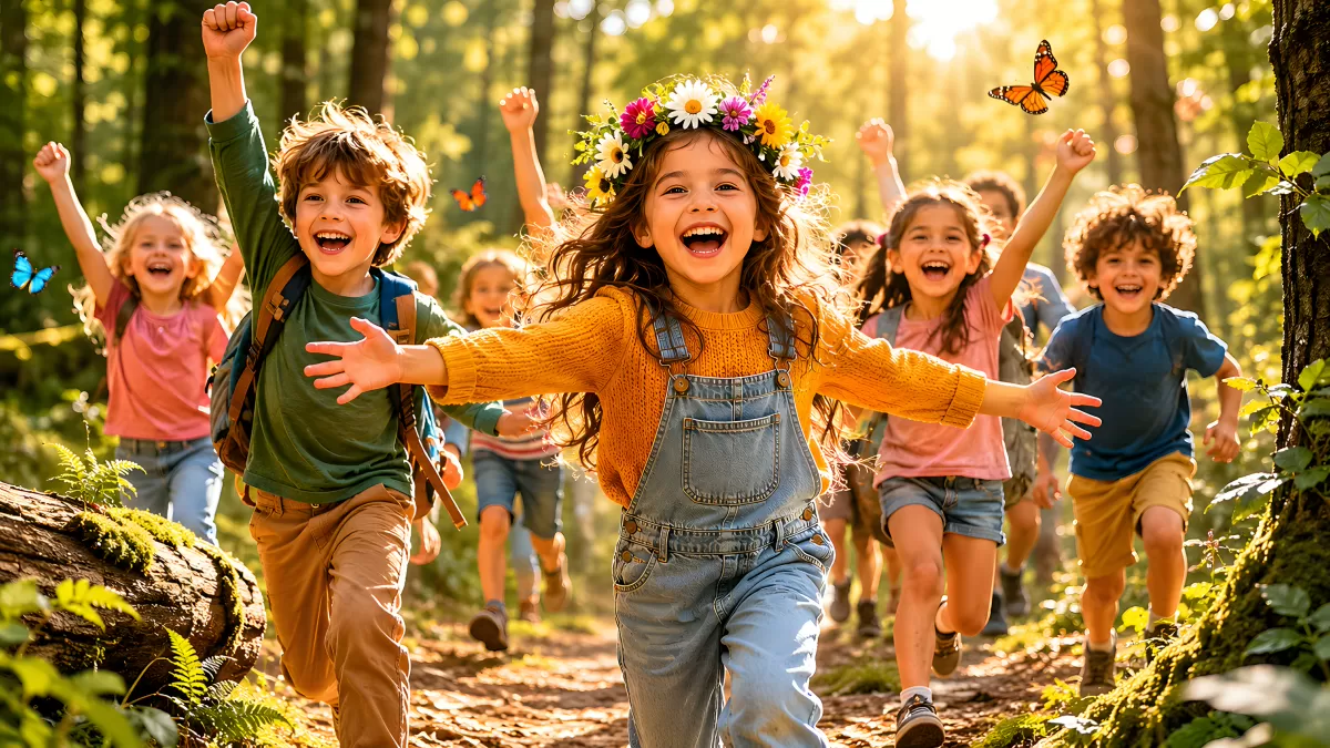 Fröhliche Kinder rennen durch einen sonnigen Wald