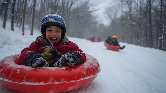 Fröhliche Kinder rodeln im Winterwald
