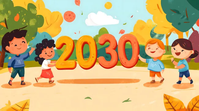 Fröhliche Kinder schauen auf das Jahr 2030