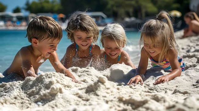 Fröhliche Kinder spielen am Strand während der Sommerferien