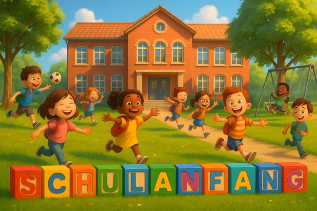 Fröhliche Kinder spielen auf Schulhof vor der Schule