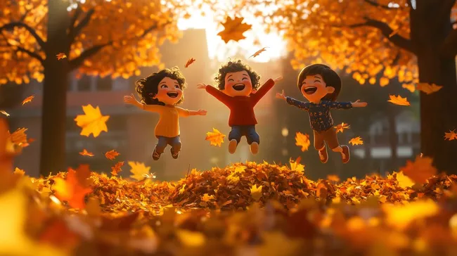 Fröhliche Kinder springen in Herbstlaub