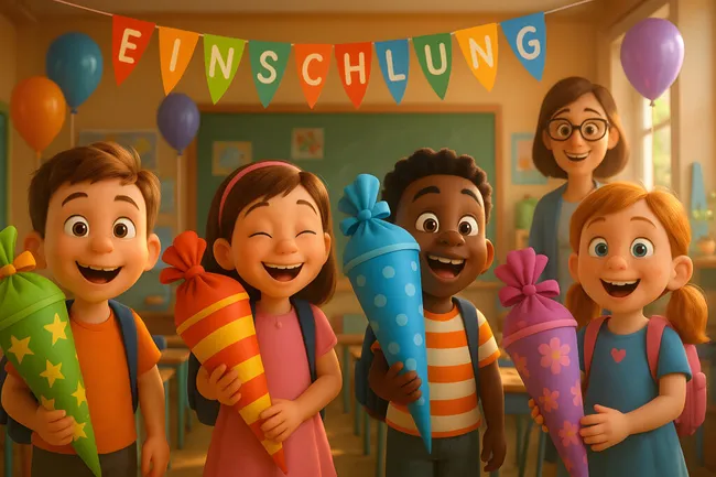 Fröhliche Kinder stehen mit Schultüten in der Einschulungsklasse