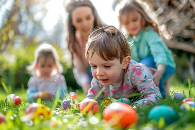 Fröhliche Kinder suchen bunte Ostereier im Gras