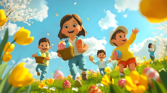 Fröhliche Kinder suchen Ostereier in Frühlingswiese