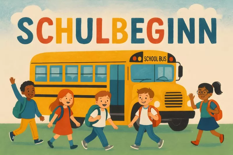 Fröhliche Kinder vor Schulbus zum Schulbeginn