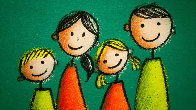 Fröhliche Kinderfamilie in bunter Kinderzeichnung