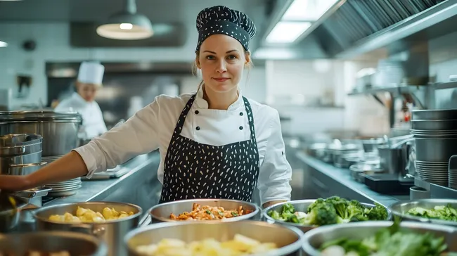 Fröhliche Köchin bereitet gesundes Buffet in Restaurantküche zu