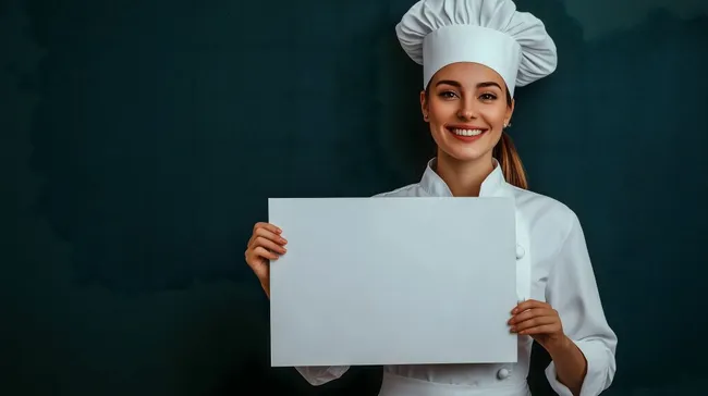 Fröhliche Köchin hält leeres Schild