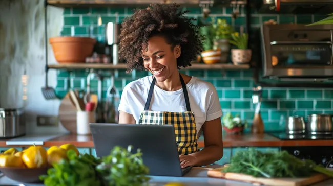 Fröhliche Köchin in moderner Kücheneinrichtung