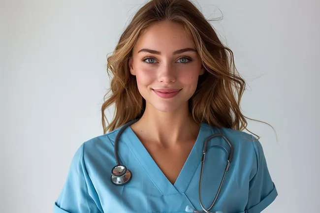 Fröhliche Krankenschwester in blauer Uniform