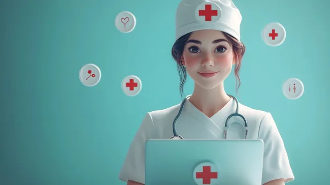 Fröhliche Krankenschwester in Uniform mit medizinischen Symbolen