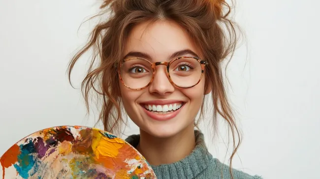 Fröhliche Künstlerin mit kreativer Farbpalette