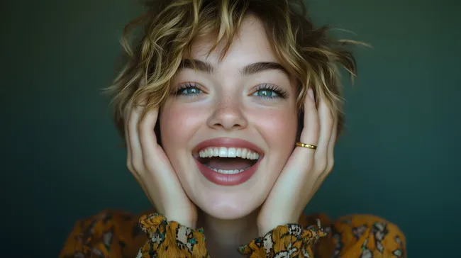 Fröhliche, lachende Frau mit blonden Locken