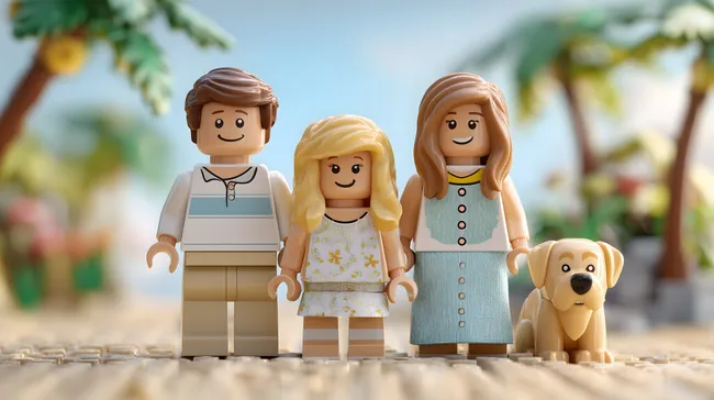 Fröhliche Lego-Familie mit Hund in tropischer Kulisse