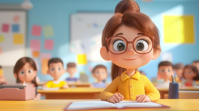 Fröhliche Lehrerin im Cartoon-Stil unterrichtet Kinder