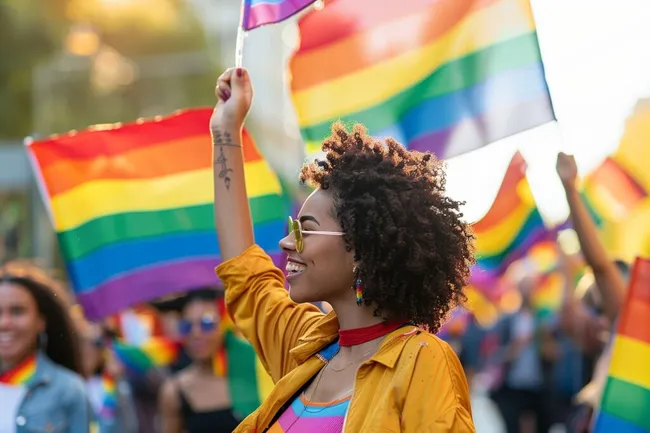 Fröhliche LGBTQ+-Parade mit Regenbogenfahnen