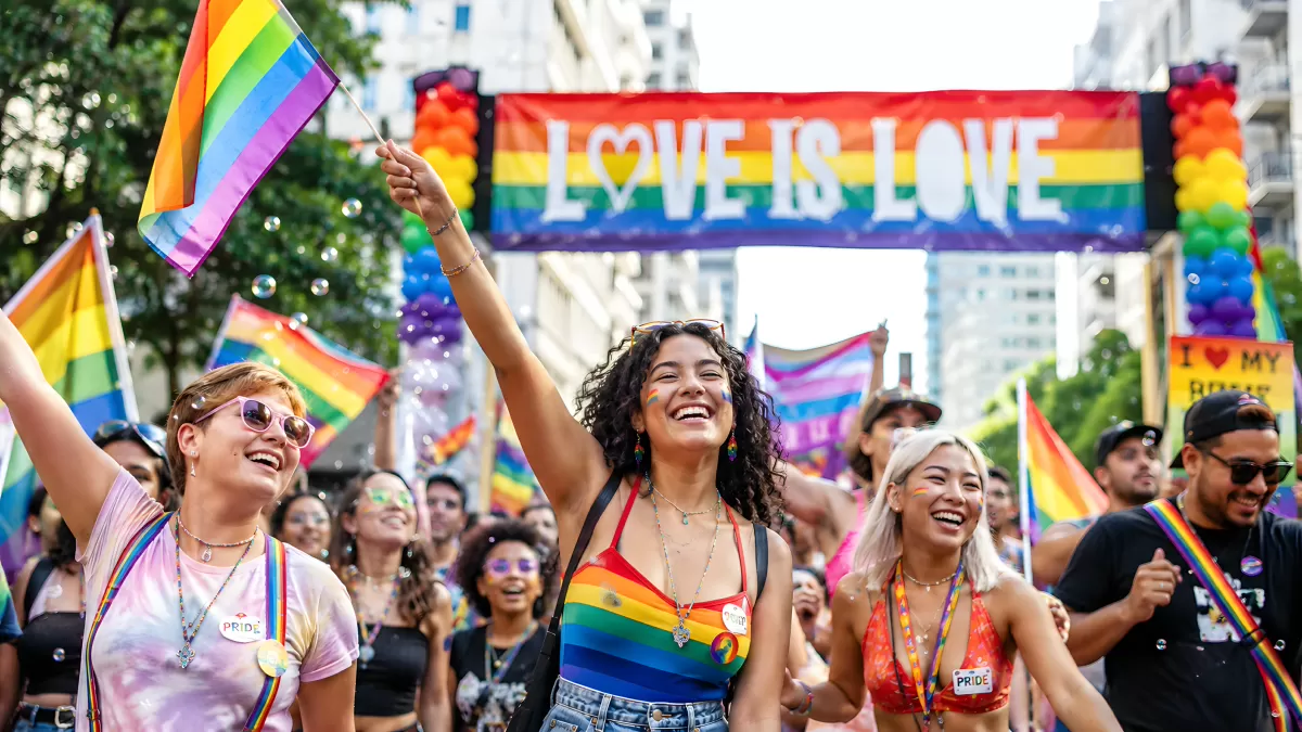 Fröhliche Menschen bei einer bunten Pride-Parade